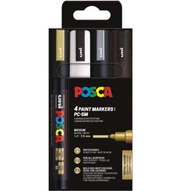 Posca Uni POSCA paintmarker PC-5M, 1,8 - 2,5 mm, etui van 4 stuks goud, wit, zilver en zwart