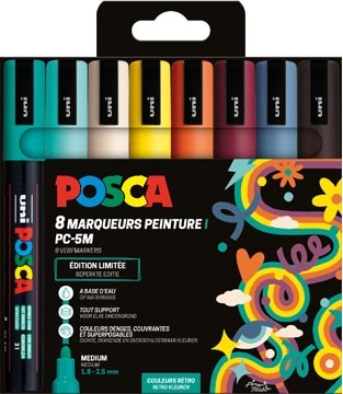 Posca Uni POSCA paintmarker PC-5M, 1,8 - 2,5 mm, etui van 8 stuks in geassorteerde Retro kleuren