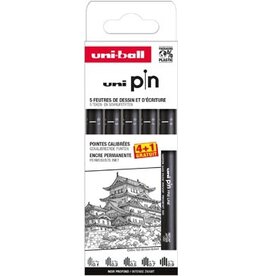 Uni-ball Uni Pin fineliner, gekalibreerde punten, zwart, 0,1-0,3-0,5-0,7-0,9 mm, blister van 4 + 1 gratis