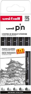Uni-ball Uni Pin fineliner, gekalibreerde punten, zwart, 0,1-0,3-0,5-0,7-0,9 mm, blister van 4 + 1 gratis