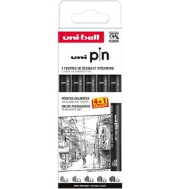 Uni-ball Uni Pin fineliner, gekalibreerde punten, zwart, 0,2-0,4-0,6-0,8-1,0 mm, blister van 4 + 1 gratis