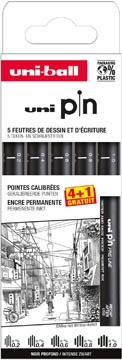 Uni-ball Uni Pin fineliner, gekalibreerde punten, zwart, 0,2-0,4-0,6-0,8-1,0 mm, blister van 4 + 1 gratis