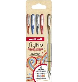 Uni-ball Uni-ball roller Signo Metallic, medium punt, geassorteerde kleuren, etui van 5 stuks