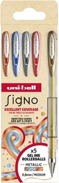 Uni-ball Uni-ball roller Signo Metallic, medium punt, geassorteerde kleuren, etui van 5 stuks