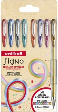 Uni-ball Uni-ball roller Signo Metallic, medium punt, geassorteerde kleuren, etui van 8 stuks