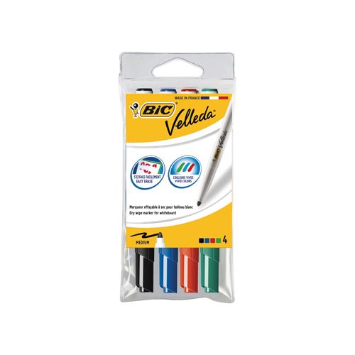 Velleda Bic whiteboardmarker Velleda 1741, in geassorteerde kleuren, etui van 4 stuks