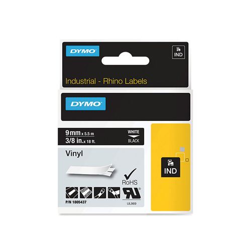 Dymo RHINO tape vinyl, ft 9 mm x 5,5 mm, wit op zwart
