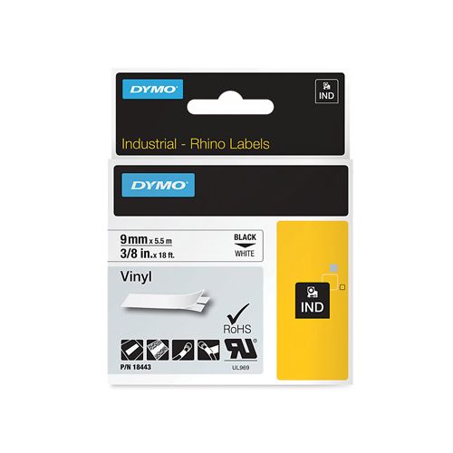 Dymo Dymo RHINO vinyltape 9 mm, zwart op wit — levering per 5