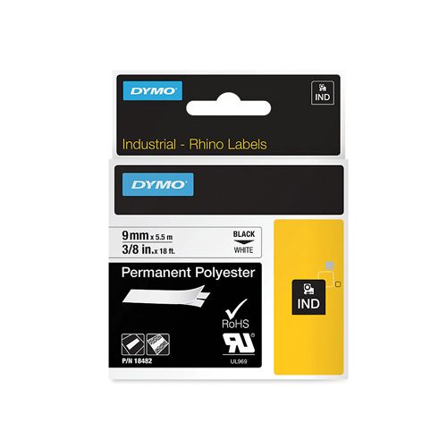 Dymo Dymo RHINO permanente polyester tape 9 mm, zwart op wit