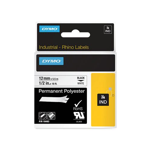 Dymo Dymo RHINO permanente polyester tape 12 mm, zwart op wit