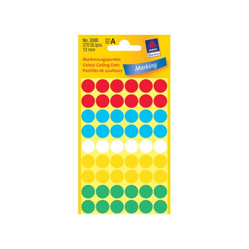 Avery Zweckform Avery Ronde etiketten diameter 12 mm, geassorteerde kleuren, 270 stuks