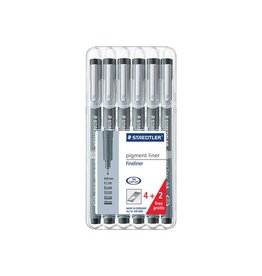 Staedtler Staedtler pigment liner fineliner, ronde punt, verschillende schrijfbreedtes, etui van 4 + 2, zwart