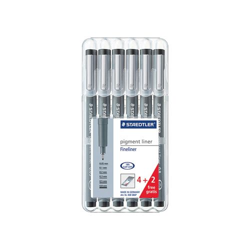 Staedtler Staedtler pigment liner fineliner, ronde punt, verschillende schrijfbreedtes, etui van 4 + 2, zwart