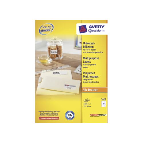 Avery Zweckform Avery Zweckform 3422, Universele etiketten, Ultragrip, wit, 100 vel, 24 per vel, 70 x 35 mm