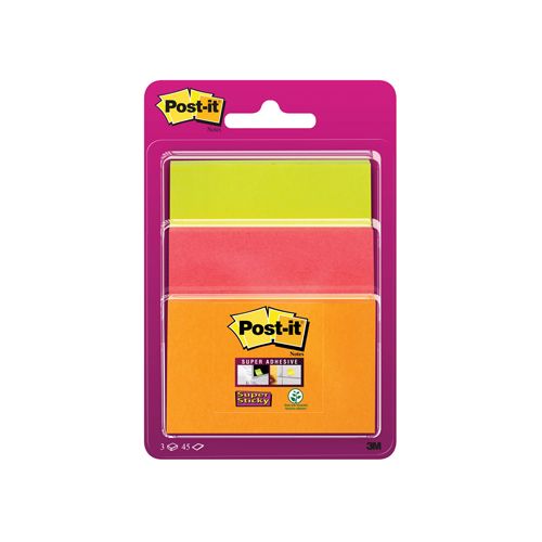 Post-It Super Sticky Post-it Super Sticky notes, 45 vel, 3 formaten, geassorteerde neon kleuren , op blister