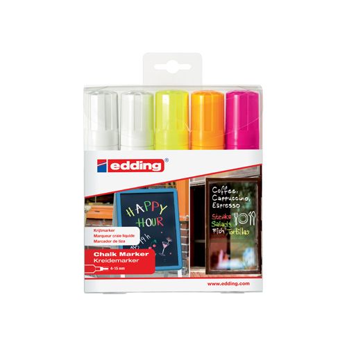 Edding Edding krijtmarker e-4090 schuine punt etui van 5 stuks: 2 x wit, 1 x geel, 1 x oranje en 1 x roze