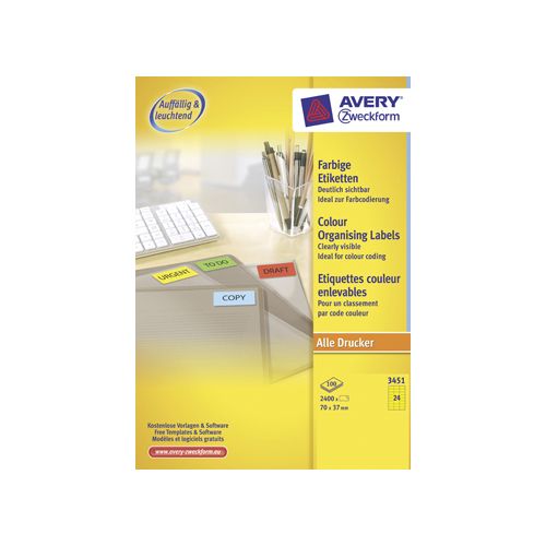 Avery Zweckform Avery gekleurde universele etiketten ft 70 x 37 mm (b x h), 2400 stuks, geel
