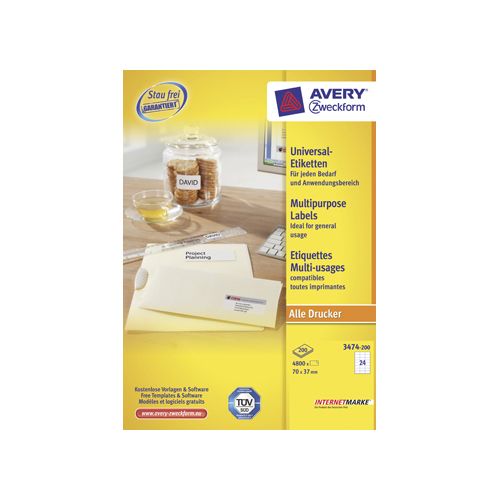 Avery Avery Zweckform 3474, wit, 200 vellen, 24 pervel, 70x37mm