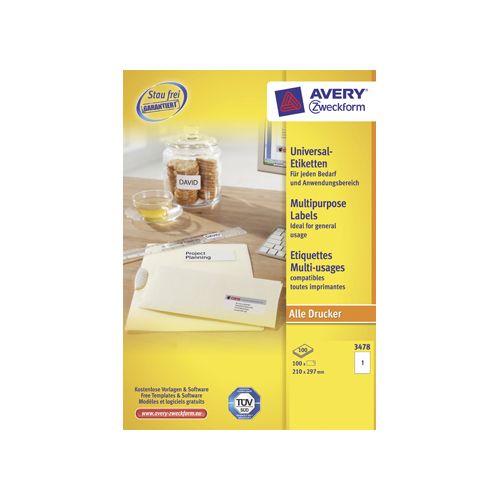 Avery Zweckform Avery Zweckform 3478, Universele etiketten, Ultragrip, wit, 100 vellen, 1 per vel, 210 x 297 mm