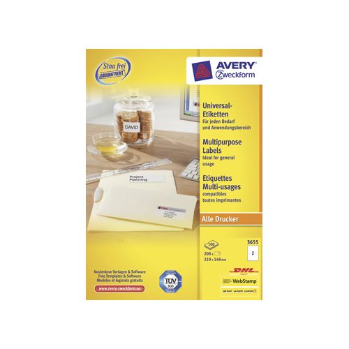 Avery Zweckform Avery Zweckform 3655, Universele etiketten, Ultragrip, wit, 100 vel, 2 per vel, 210 x 148 mm