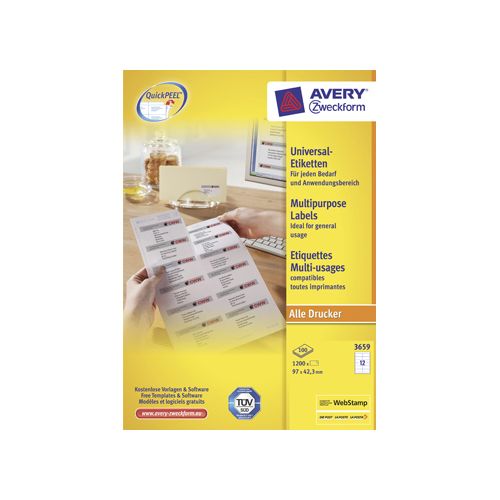 Avery Avery Zweckform 3659, wit, 100 vellen, 12 pervel, 97x42,3mm