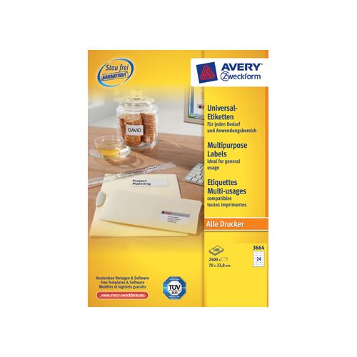 Avery Avery Zweckform 3664, wit, 100 vellen, 24 pervel, 70x33,8mm