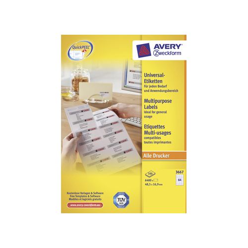 Avery Avery Zweckform 3667, Universele etiketten, Ultragrip, wit, 100 vel, 64 per vel, 48,5 x 16,9 mm