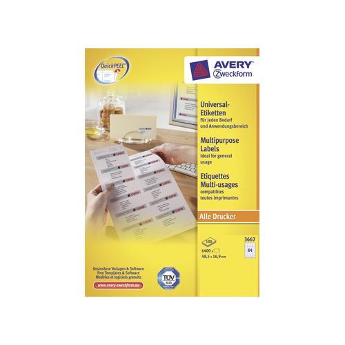 Avery Avery Zweckform 3667 wit 100 vellen 64 pervel 48,5x16,9mm