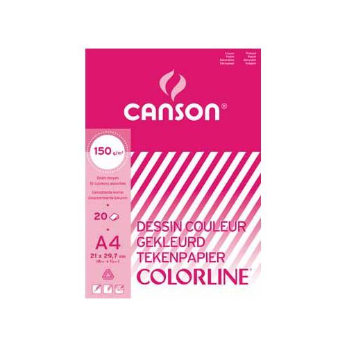 Canson Canson tekenpapier Colorline, 150 g, ft 21 x 29,7 cm, A4, geassorteerde kleuren, blok van 20 vel