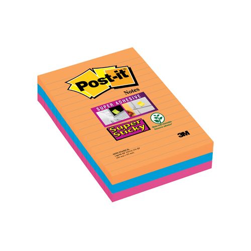 Post-It Super Sticky Post-it Super Sticky Notes XXL Boost, 90 vel, ft 101 X 152 mm, gelijnd, geassorteerde kleuren, pak van 3
