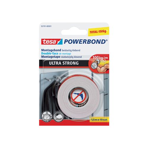Tesa Tesa Powerbond montagetape Ultra Strong, dubbelzijdig ft 19 mm x 1,5 m, wit, op blister