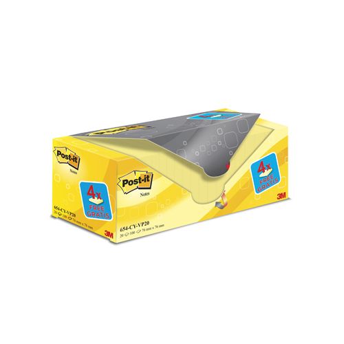 Post-it Post-it Notes, 100 vel, ft 76 x 76 mm, geel, pak van 16 blokken + 4 gratis