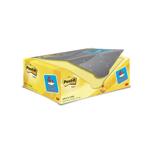 Post-It Notes Post-it Notes, 100 vel, ft 76 x 127 mm, geel, pak van 16 blokken  + 4 gratis