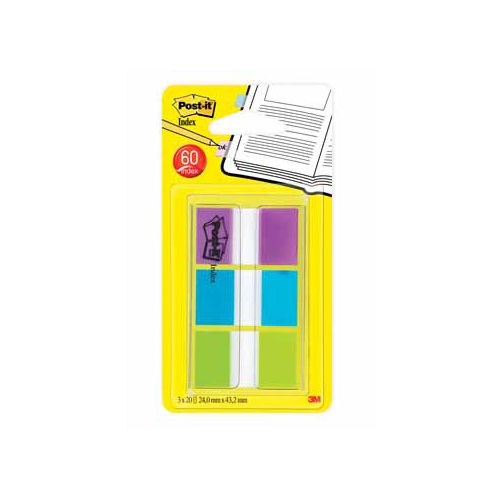 Post-it Post-it Index standaard, ft 25,4 x 43,2 mm, blister met 3 kleuren, 20 tabs per kleur