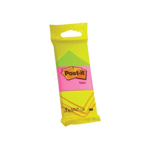 Post-it Post-it Notes, 100 vel, ft 38 x 51 mm, blister van 3 blokken in neongeel, guava roze en neongroen