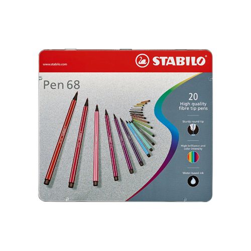 Stabilo STABILO Pen 68 viltstift, metalen doos van 20 stiften in geassorteerde kleuren