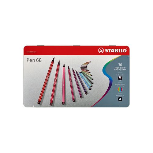 Stabilo STABILO Pen 68 viltstift, metalen doos van 30 stiften in geassorteerde kleuren