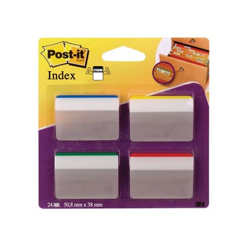 Post-It Index Post-it Index Strong, ft 50,8 x 38 mm, voor hangmappen, set van 24 tabs, 4 kleuren, 6 tabs per kleur