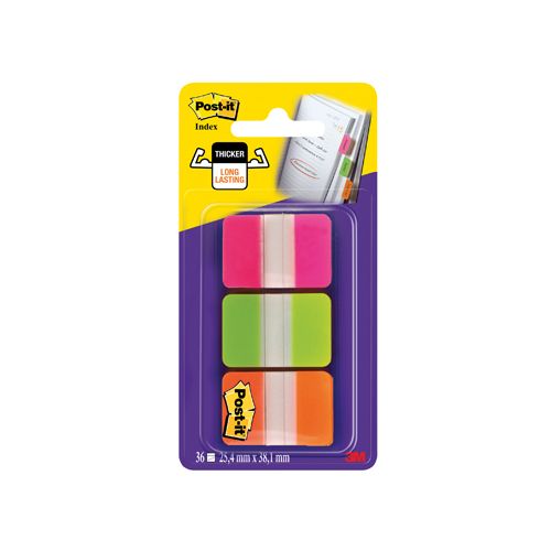 Post-it Post-it Index Strong, ft 25,4 x 38 mm, set van 3 kleuren (roze, groen en oranje), 12 tabs per kleur