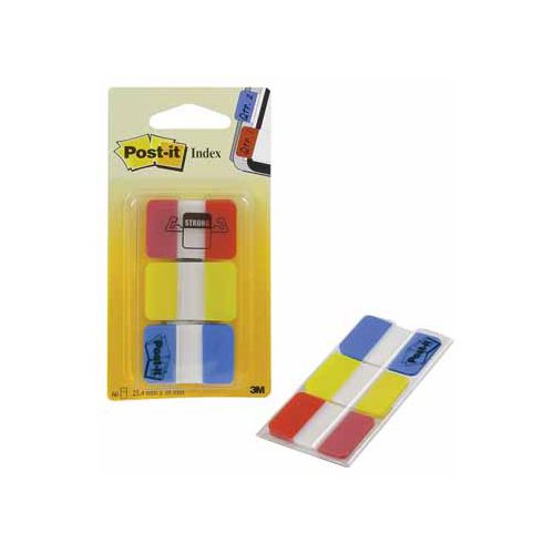 Post-It Index Post-it Index Strong, ft 25,4 x 38 mm, set van 3 kleuren (rood, geel en blauw), 22 tabs per kleur