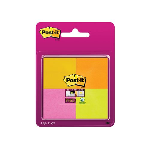 Post-It Super Sticky Post-It Super Sticky notes, 45 vel, ft 47,6 x 47,6 mm, blister van 4 blokken in geassorteerde kleuren