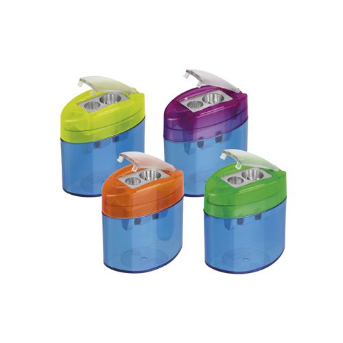 Mobius M+R potloodslijper Neo Light, 2-gaats, met reservoir, doos met 10 stuks in geassorteerde kleuren