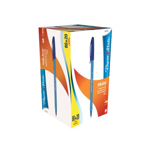 Papermate Paper Mate balpen InkJoy 100 met dop, blauw, doos 80 + 20 gratis