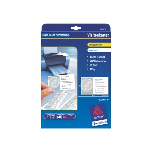 Avery AVERY visitekaarten 185 g/m², 10 per blad, 250 stuks
