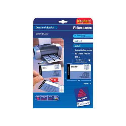 Avery AVERY visitekaarten voor inkjet Quick&Clean  mat, 80 kaartjes, 260 g/m²