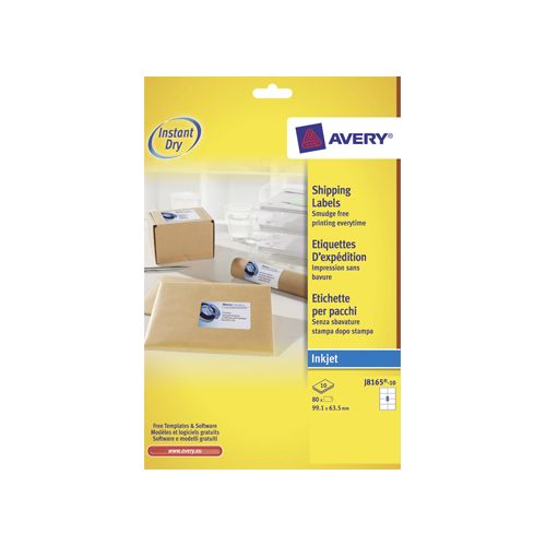 Avery Avery Witte etiketten QuickDry doos van 10 blad, ft 99,1 x 67,7 mm (b x h), 80 stuks, 8 per blad  Met ...