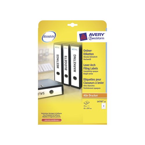 Avery Avery Zweckform L4759-25 ordnerrugetiketten ft 29,7 x 6,1 cm (b x h), 75 etiketten, wit