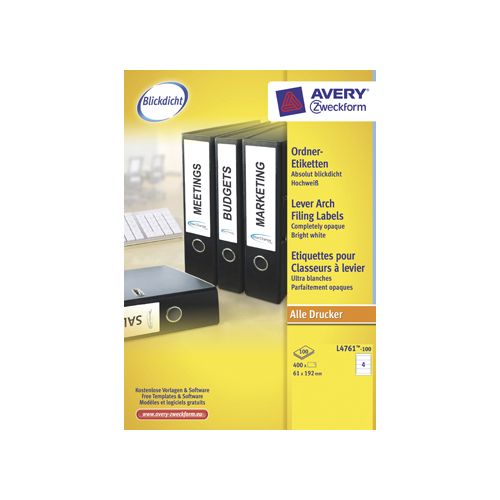 Avery Avery Zweckform L4761-100 ordnerrugetiketten ft 19,2 x 6,1 cm (b x h), 400 etiketten, wit