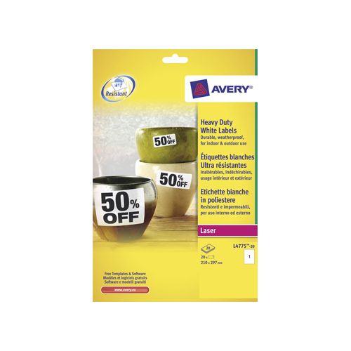 Avery Avery L4775-20 ultra-sterke etiketten ft 210 x 297 mm (b x h), 20 etiketten, wit