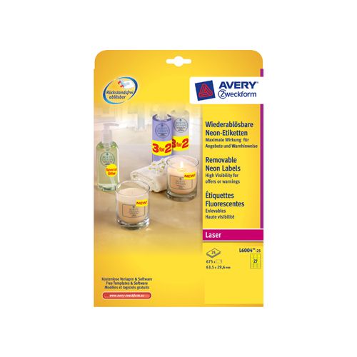 Avery Avery afneembare neon etiketten ft 63,5 x 29,6 mm (b x h), doos van 675 stuks (25 vel van 27), neongeel